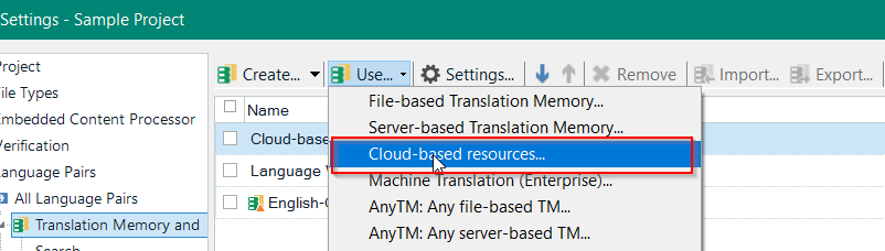 Trados Studio settings window showing 'Cloud-based resources' option highlighted in blue within the Translation Memory and Automated Translation section.