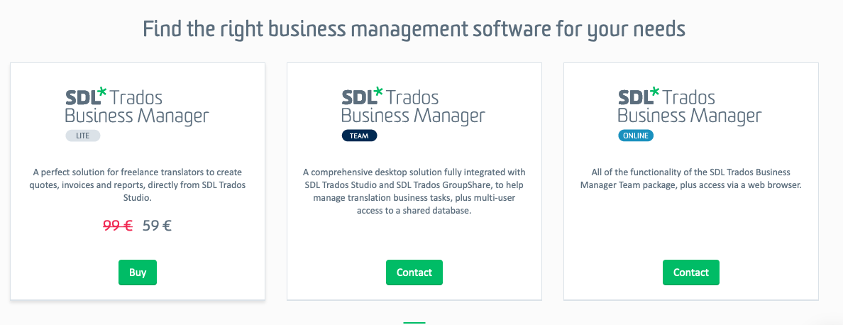 Screenshot of SDL Trados Business Manager LITE with a discounted price of 59 euros from 99 euros and a 'Buy' button.