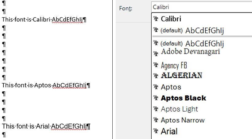Screenshot of font selection window with samples of 'Calibri', 'Aptos', and 'Arial' fonts displayed, highlighting the distinct shape of the capital 'C' in 'Calibri'.