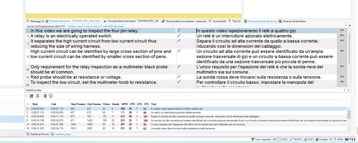 Screenshot of Trados Studio with a split view of original and translated subtitles. Highlighted segment indicates a potential timing merge. No errors visible.