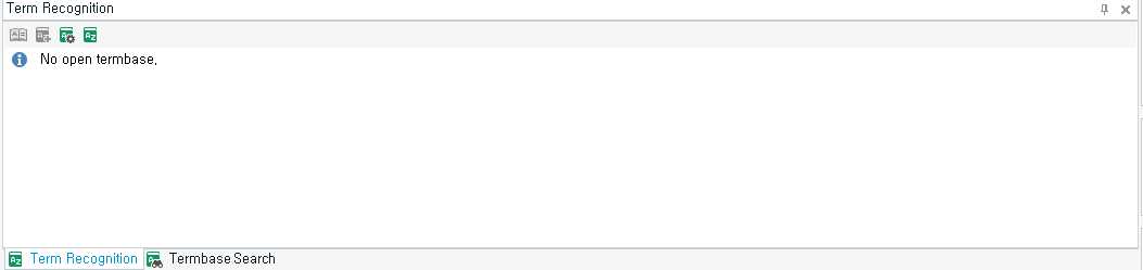 Term Recognition window displaying a message 'No open termbase.' with no content visible in the termbase section.