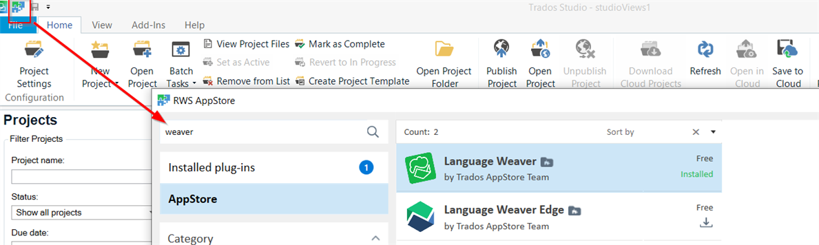 Trados Studio AppStore window with 'Language Weaver' and 'Language Weaver Edge' plugins listed as installed.
