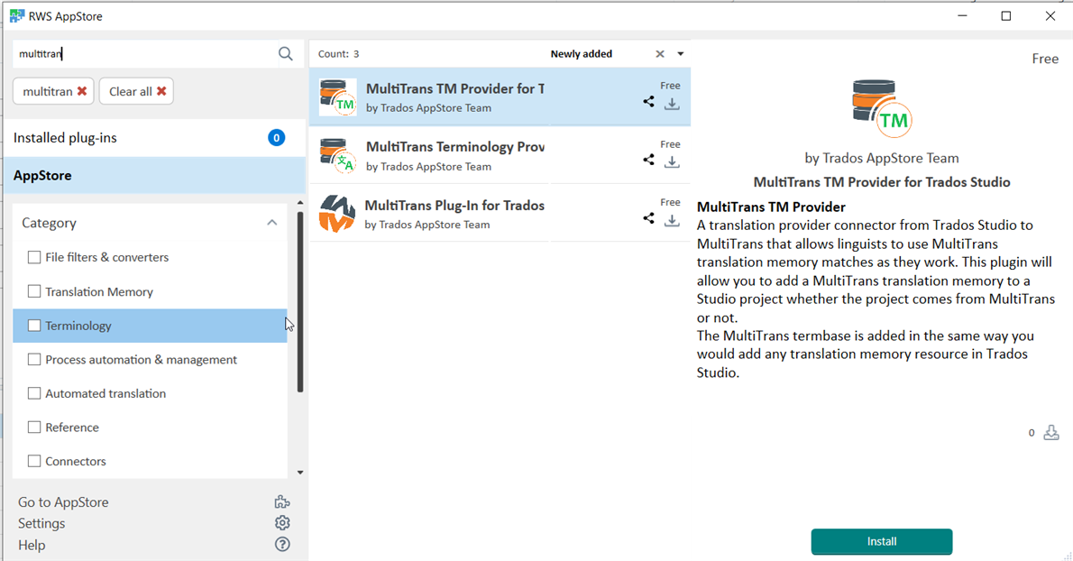 Screenshot of Trados Studio AppStore with a search for 'multitrans' showing three results: 'MultiTrans TM Provider for T', 'MultiTrans Terminology Prov', and 'MultiTrans Plug-In for Trados'. All are marked as free and provided by Trados AppStore Team.