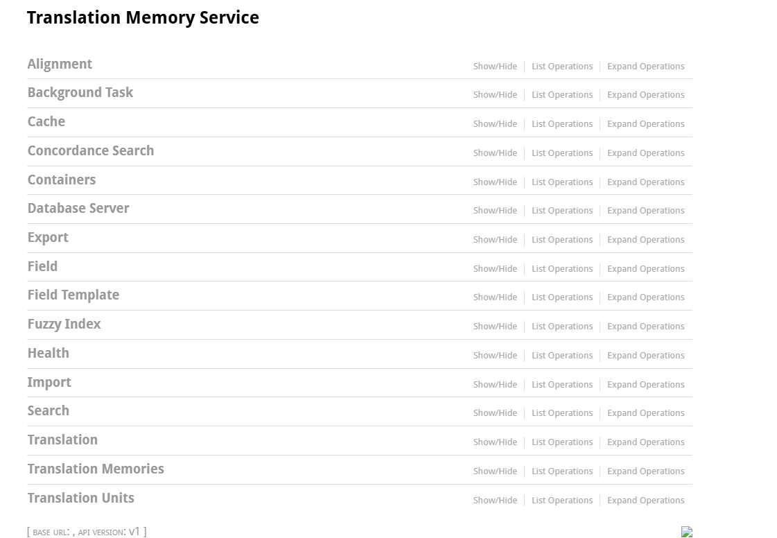 Screenshot of the Translation Memory Service page listing various operations such as Alignment, Cache, Export, and Translation with options to ShowHide, List Operations, and Expand Operations.