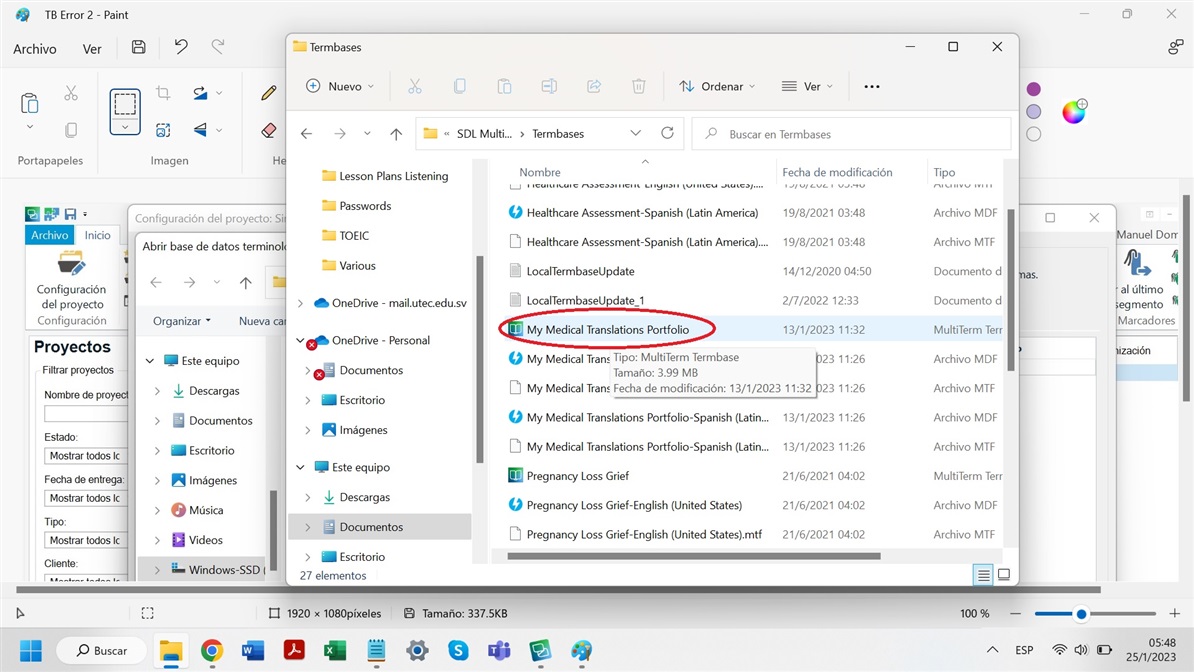 Screenshot of file explorer showing 'My Medical Translations Portfolio' terminological database highlighted but not appearing in Trados Studio selection window.