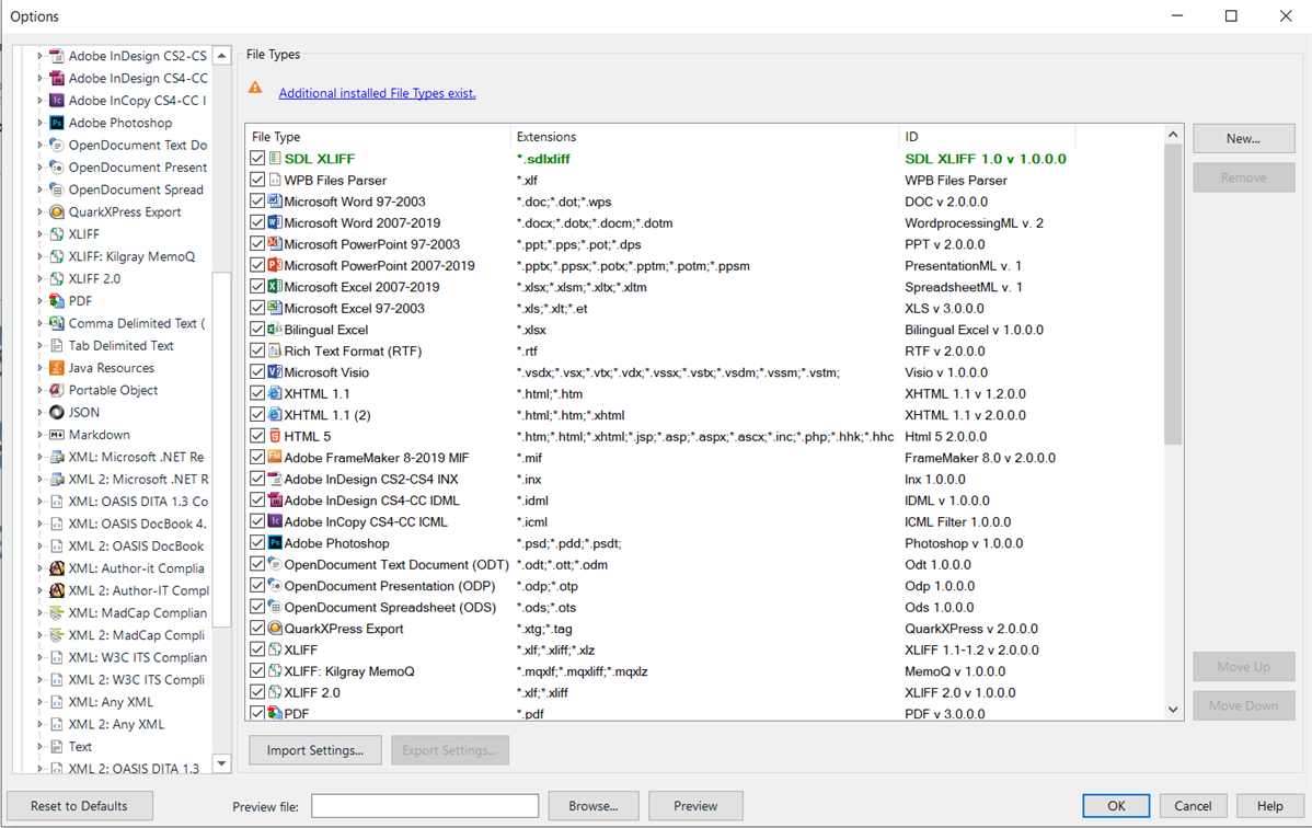 Screenshot of Trados Studio file type options window with a list of supported file types. Notable file types include SDL XLIFF, Microsoft Word, PowerPoint, Excel, and others. A message indicates additional installed file types exist.