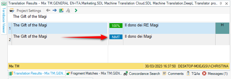 Screenshot showing a result from an MT provider but without showing which one.