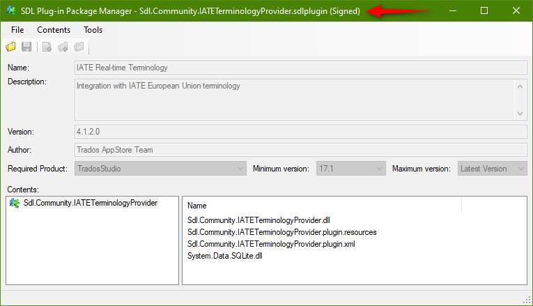 Screenshot showing the IATE plugin is signed by using the signing tool that displays "signed" at the end of the name and greys out the detail so it can no longer be edited.