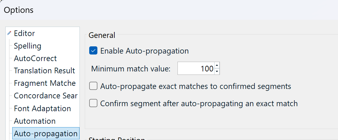 A screenshot of the Auto-propagation settings in Trados Studio. The 'General' section is highlighted with options such as 'Enable Auto-propagation', which is checked, and 'Minimum match value:', which is set to 100. There are unchecked options for 'Auto-propagate exact matches to confirmed segments' and 'Confirm segment after auto-propagating an exact match'. The focus is on the settings that control how and when text segments are automatically propagated throughout the document based on the degree of match to existing translations.