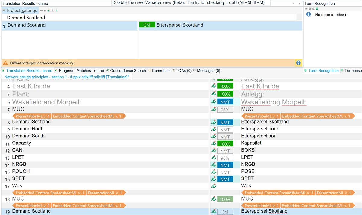 The screenshot features the Translation Results pane within Trados Studio, specifically highlighting a warning message about a 'Different target in translation memory'. This suggests that while translating from English to Norwegian, there is a discrepancy between the source segment and the expected target translation stored in the translation memory. The source term 'Demand:Scotland' has a corresponding 'CM' (Context Match) status next to 'Ettersp&oslash;rsel:Skottland', indicating a high-confidence translation. However, the warning implies a potential inconsistency or conflict within the translation memory that may require attention or correction. The interface elements indicate a focus on quality control and the translation memory's role in ensuring translation consistency.