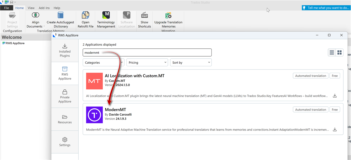 Screenshot of the RWS AppStore in Trados Studio showing search results for 'modernmt'. Two applications are listed: 'AI Localization with Custom.MT' and 'ModernMT', with details and download options.