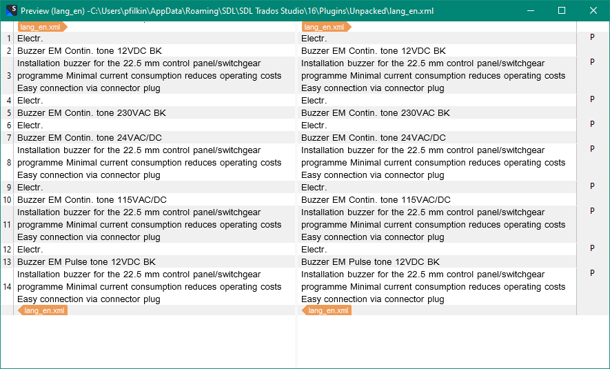 Screenshot of Trados Studio preview pane showing a list of items with their descriptions and settings marked as translatable.