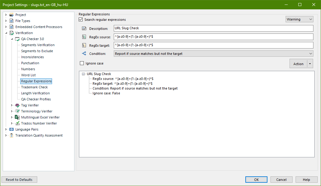 Trados Studio project settings window showing Regular Expressions section with a URL Slug Check configured to report if source matches but not the target.
