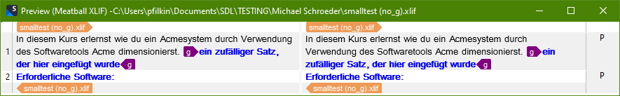 Screenshot showing the custom XML filetype preview using the new parser rules.  The text is correctly parsed into two segments with the inline element tagged at the end of the first segment.