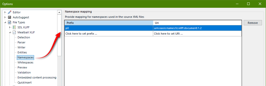 Screenshot showing the "Namespace" settings wth a prefix value of "p0" and a Uri value of "p0	urn:oasis:names:tc:xliff:document:1.2".