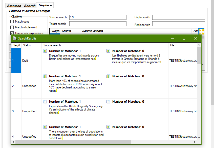 Trados Studio screenshot showing the 'Replace in source OR target' dialog with 'Use regular expressions' checked. Search results display 'Number of Matches: 1' for source search but 'Number of Matches: 0' for target search.