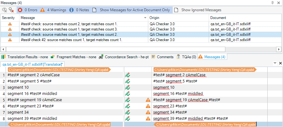 Screenshot showing the results of running a QA check with the appropriate rules