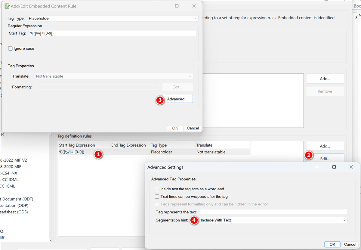 Trados Studio AddEdit Embedded Content Rule dialog box showing Start Tag Expression field filled with '%(w+0-9)', Tag Type set to 'Placeholder', and Advanced Settings with 'Include With Text' selected for Segmentation hint.