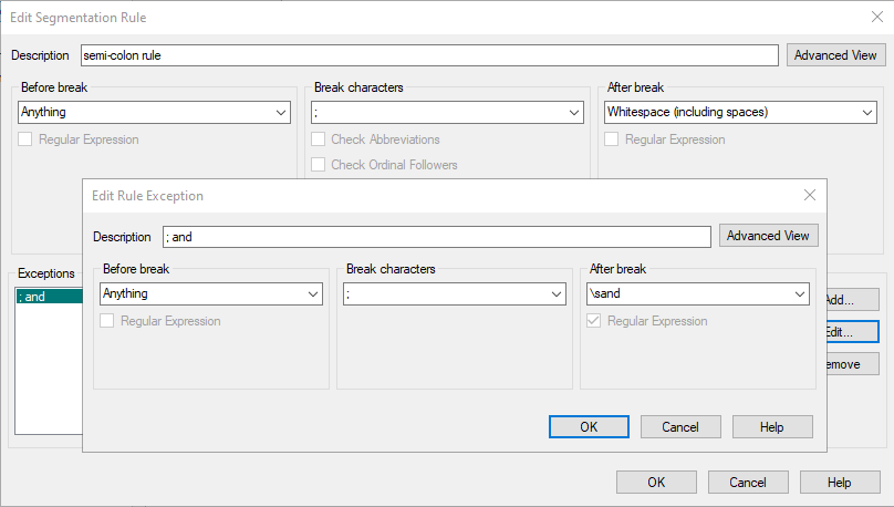 Edit Segmentation Rule window showing a rule named 'semi-colon rule' with break characters set to a colon and exceptions configured for ': and' using Regular Expression.
