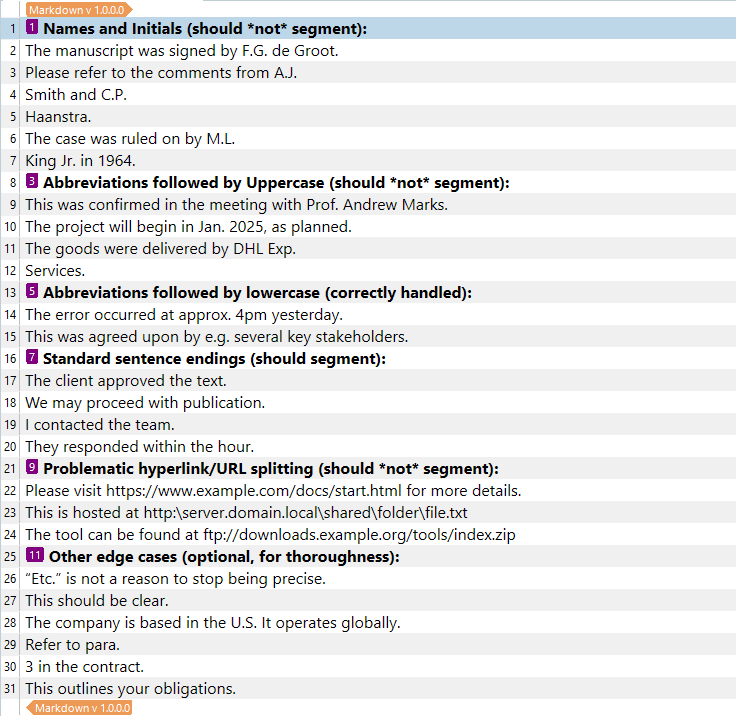 Screenshot showing segmentation rules for names and initials, highlighting examples like F.G. de Groot and A.J. Smith that should not segment.