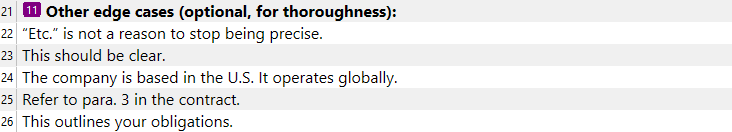 Screenshot showing examples of edge cases, including 'Etc.' and 'U.S.', which should not segment, and a reference to para. 3 in a contract.