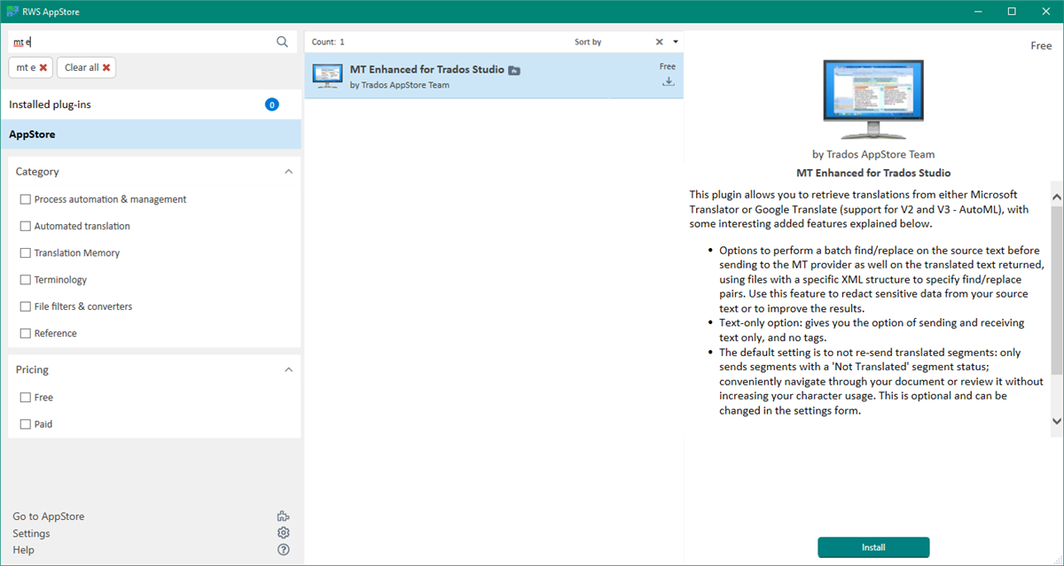 Trados AppStore interface showing a search for 'mt' with one result, 'MT Enhanced for Trados Studio' plugin by Trados AppStore Team, ready to install.