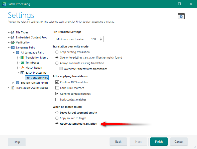 Settings window in Trados Studio with 'Pre-translate Files' selected, showing 'Apply automated translation' option checked, indicated by a red arrow.