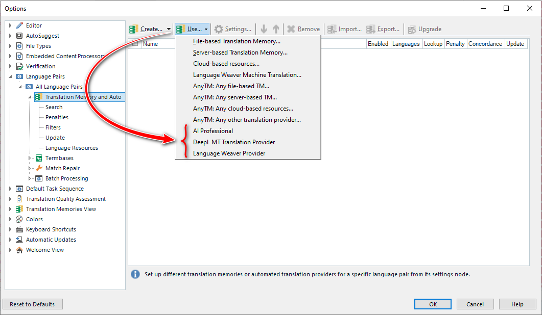 Trados Studio options menu with Translation Memory and Automated Translation section expanded showing DeepL MT Translation Provider and Language Weaver Provider selected.