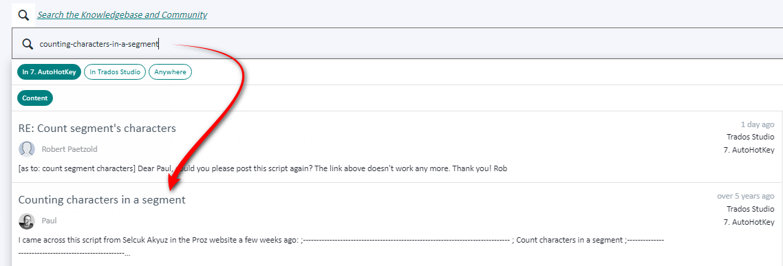 Screenshot of Trados Studio community forum with a search bar filled with 'counting-characters-in-a-segment'. A red arrow points to a forum post by Robert Paetzold asking for a script repost as the previous link is broken.