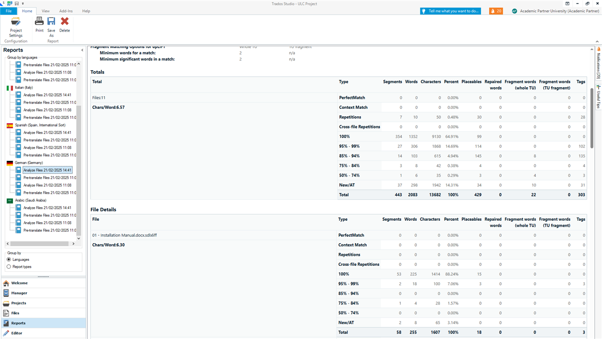Screenshot of Trados Studio analysis report with various match types like 'Repetitions' and '100%' matches, showing a total of 443 segments and 2,083 words.