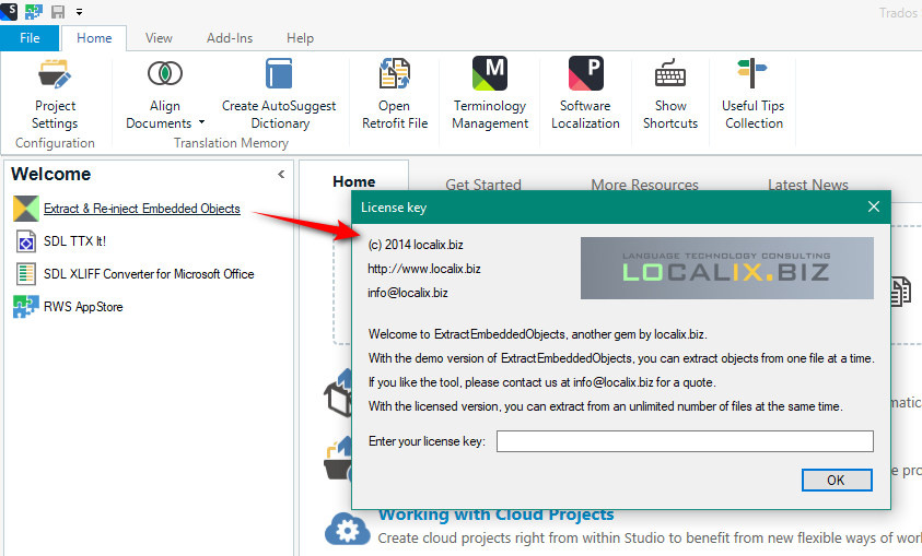 Trados Studio screenshot showing the 'Extract & Re-inject Embedded Objects' add-on with a dialog box requesting a license key.