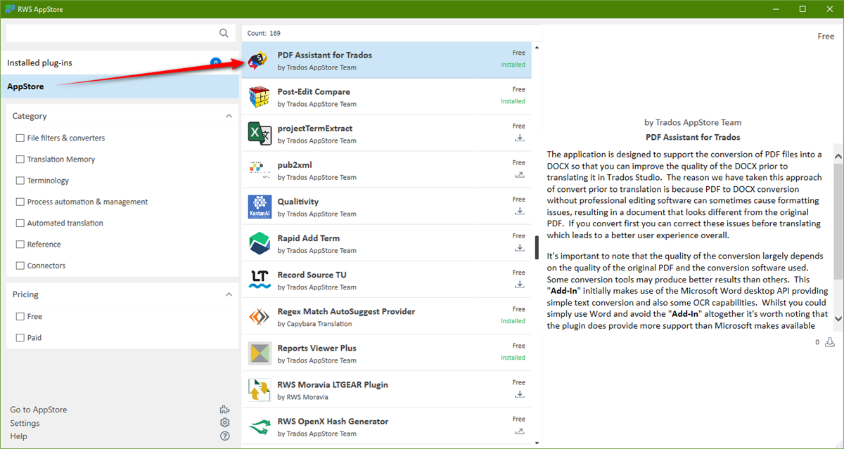 Trados Studio AppStore interface showing a list of plugins. A red arrow points to 'PDF Assistant for Trados' which is marked as 'Installed'. On the right, a description of the PDF Assistant plugin is visible.
