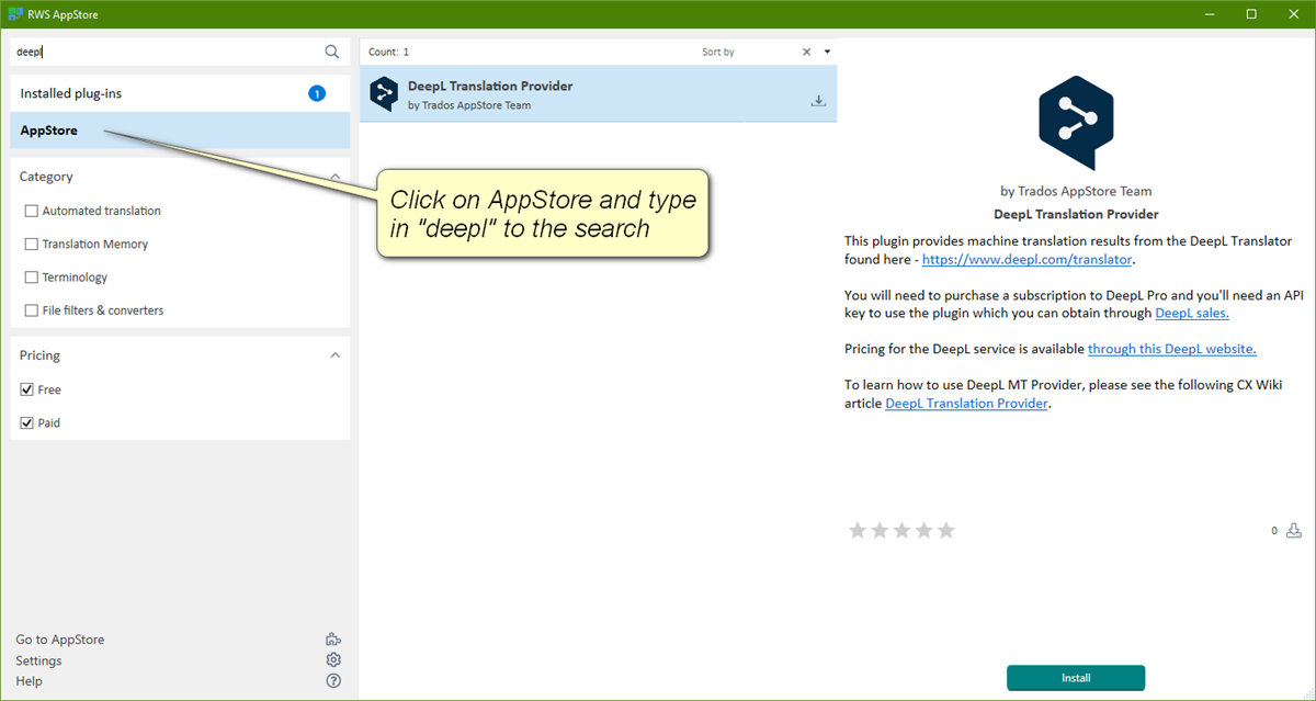 Screenshot showing the integrated appstore interface with deepl visible.