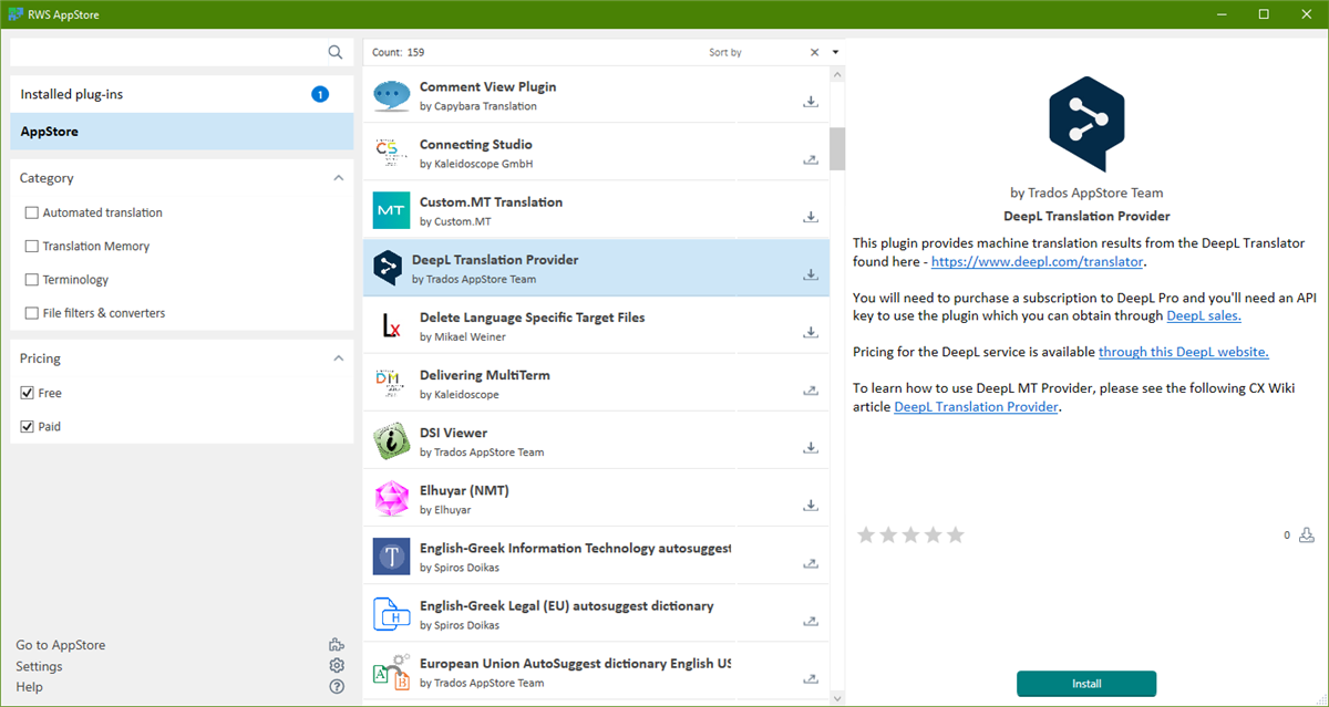 Screenshot showing DeepL selected from a list of apps in the integrated appstore interface of Trados Studio..