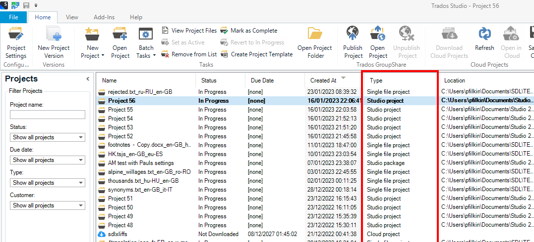 Screenshot of Trados Studio interface showing a list of projects with columns for Name, Status, Due Date, Created At, Type, and Location. Highlighted is the difference between 'Single file project' and 'Studio project' types.