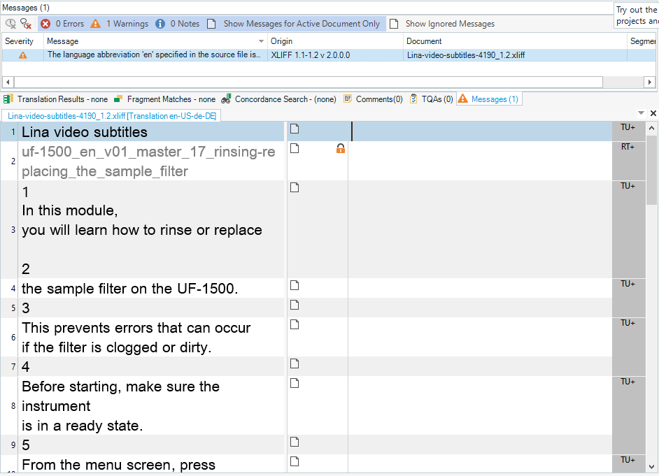 Screenshot showing the XLIFF 1.2 successfully opened in the Studio editor.