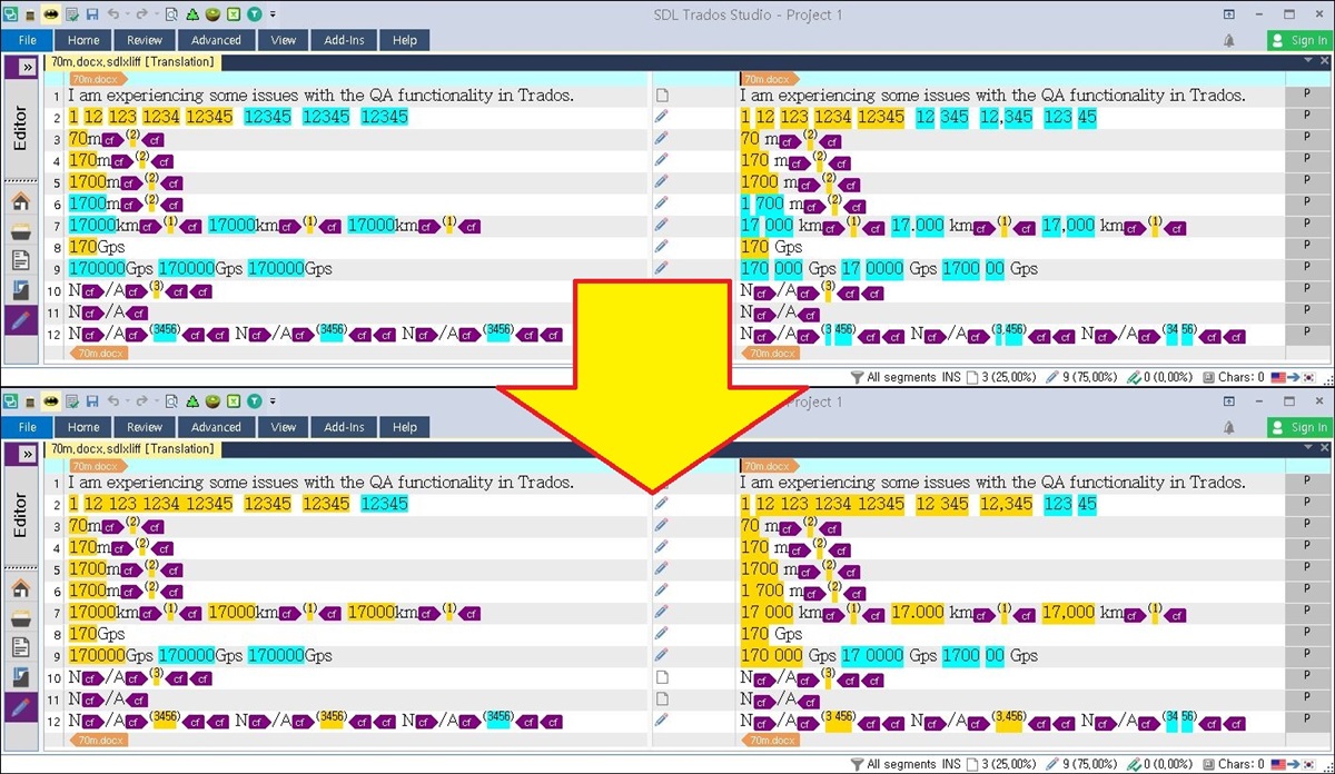 Trados Studio interface showing QA functionality errors with numbers not using space thousand separators.