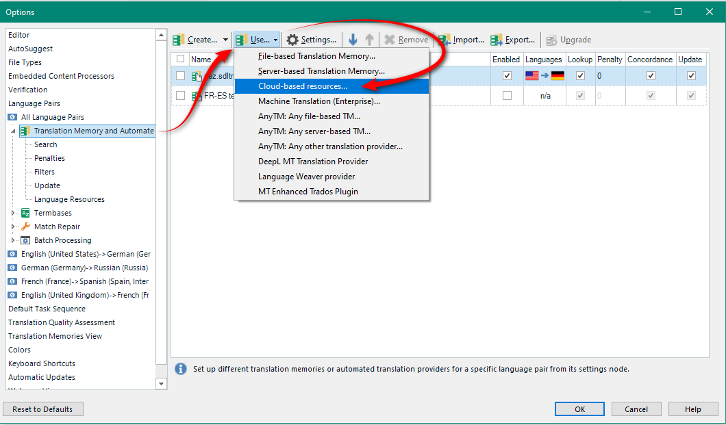 Trados Studio options menu with 'Machine Translation (Enterprise)...' highlighted and a red arrow pointing to 'Cloud-based resources...'.