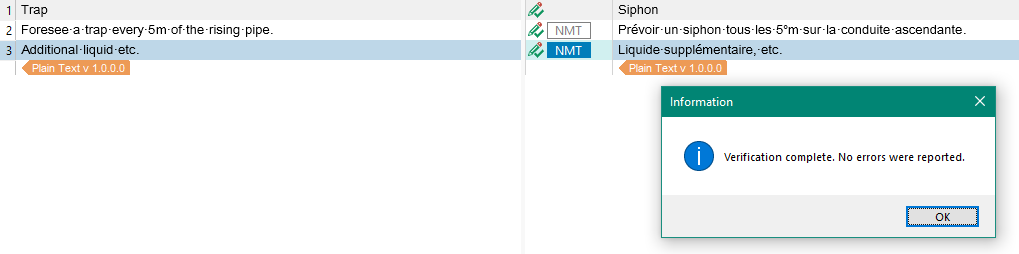 Trados Studio interface showing a comparison of translated segments with the original text, and a pop-up message stating 'Verification complete. No errors were reported.'