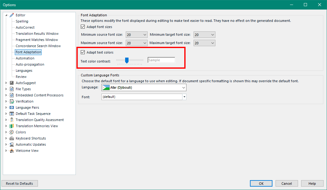 Trados Studio options menu with 'Font Adaptation' settings open, showing sliders for minimum and maximum font sizes and a checkbox for 'Adapt text colors'.