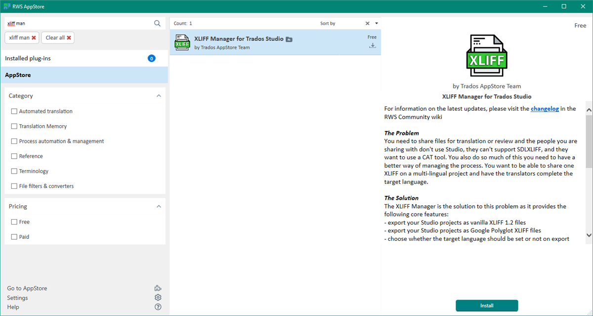 Screenshot of RWS AppStore showing XLIFF Manager for Trados Studio plugin with description and 'Install' button.