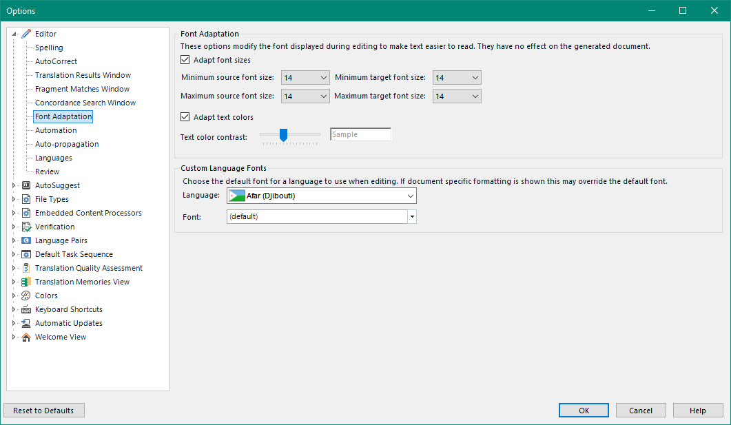 Trados Studio Options window showing Editor settings with Font Adaptation options including minimum and maximum font size, adapt text colors, and custom language fonts.
