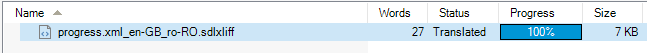 Trados Studio file analysis window indicating 27 words translated with 100% progress.