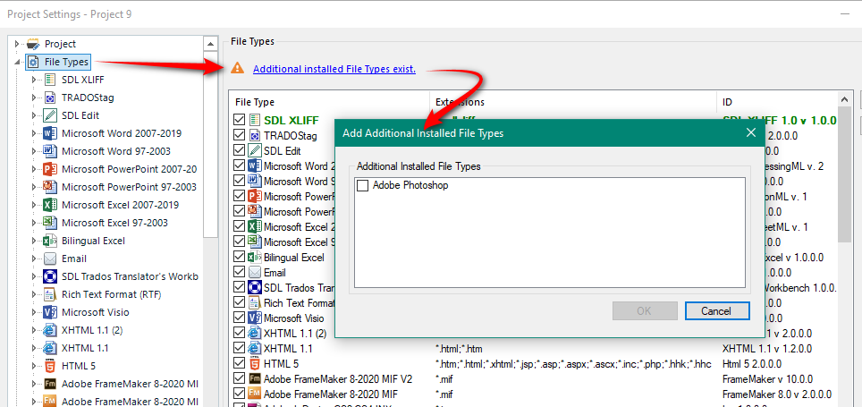 Trados Studio Project Settings window showing File Types list with an arrow pointing to 'Additional installed File Types exist.' message and Adobe Photoshop file type not listed.