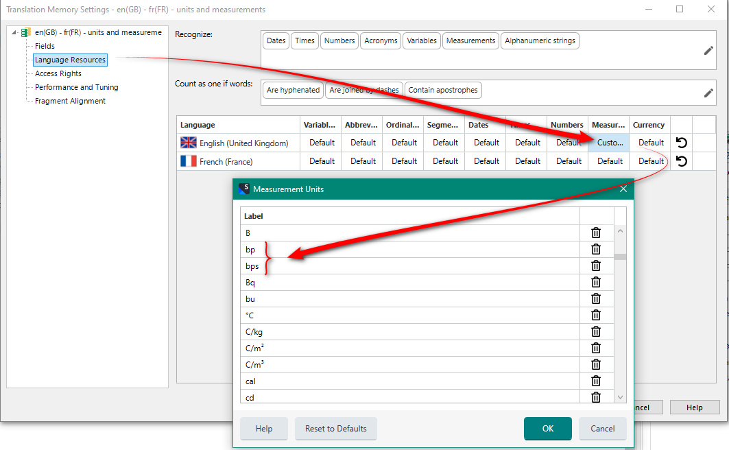Screenshot of Trados Studio Translation Memory Settings showing the addition of 'bp' and 'bps' as measurement units in the English language.