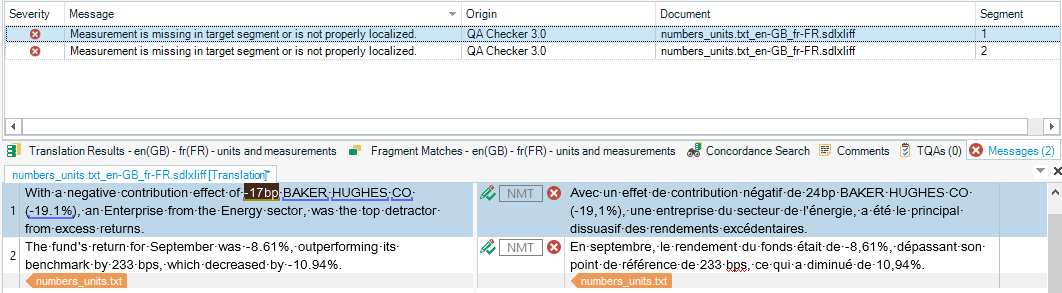 Trados Studio screenshot showing two error messages about measurement localization in the QA Checker 3.0, with English and French translation segments visible.
