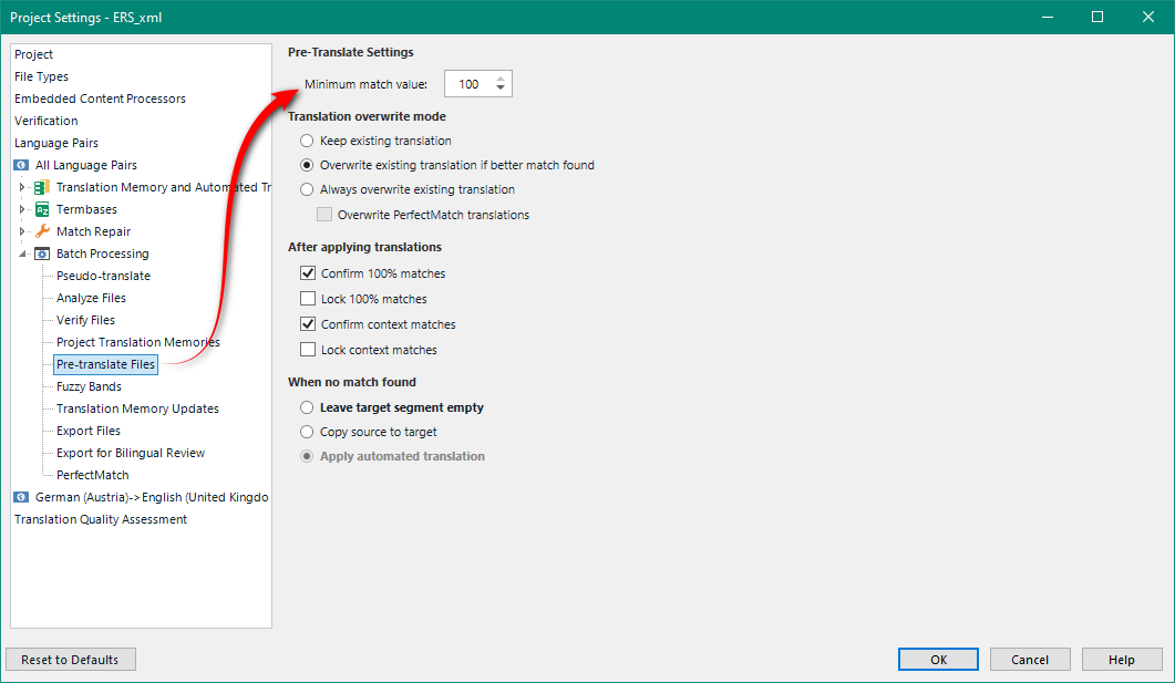 Screenshot of Trados Studio's 'Project Settings' window with 'Pre-translate Files' selected and 'Pre-Translate Settings' options displayed.