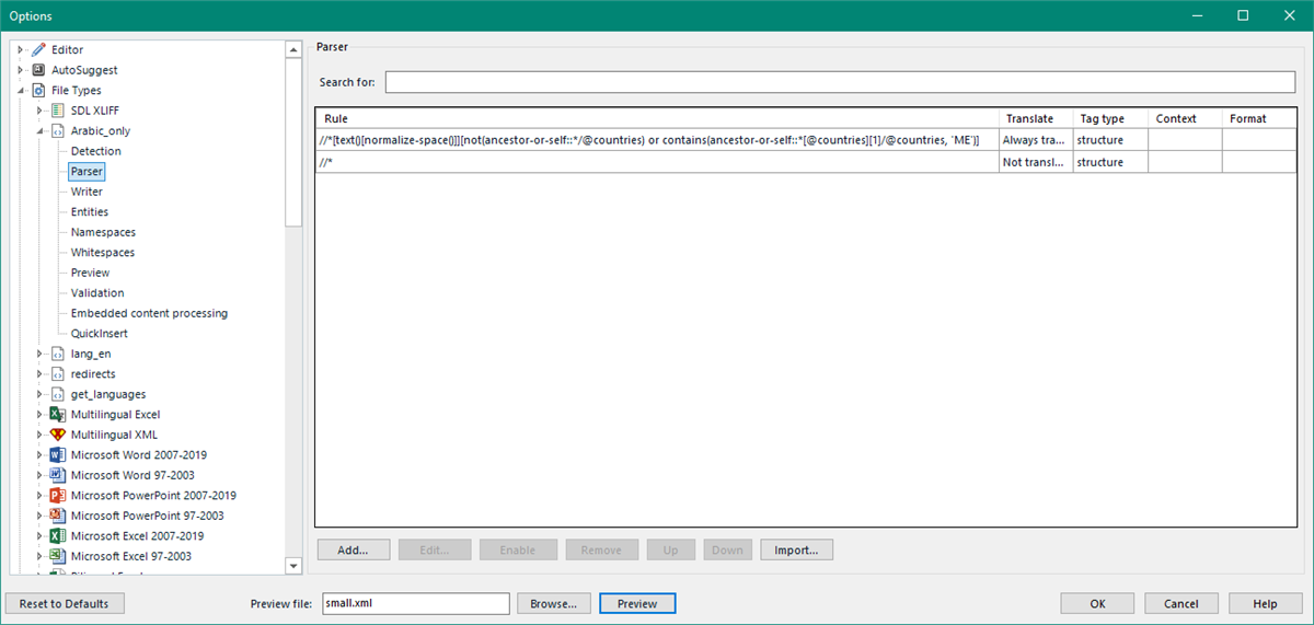 Trados Studio parser options window showing an XML XPath rule input for extracting text with multiple conditions.