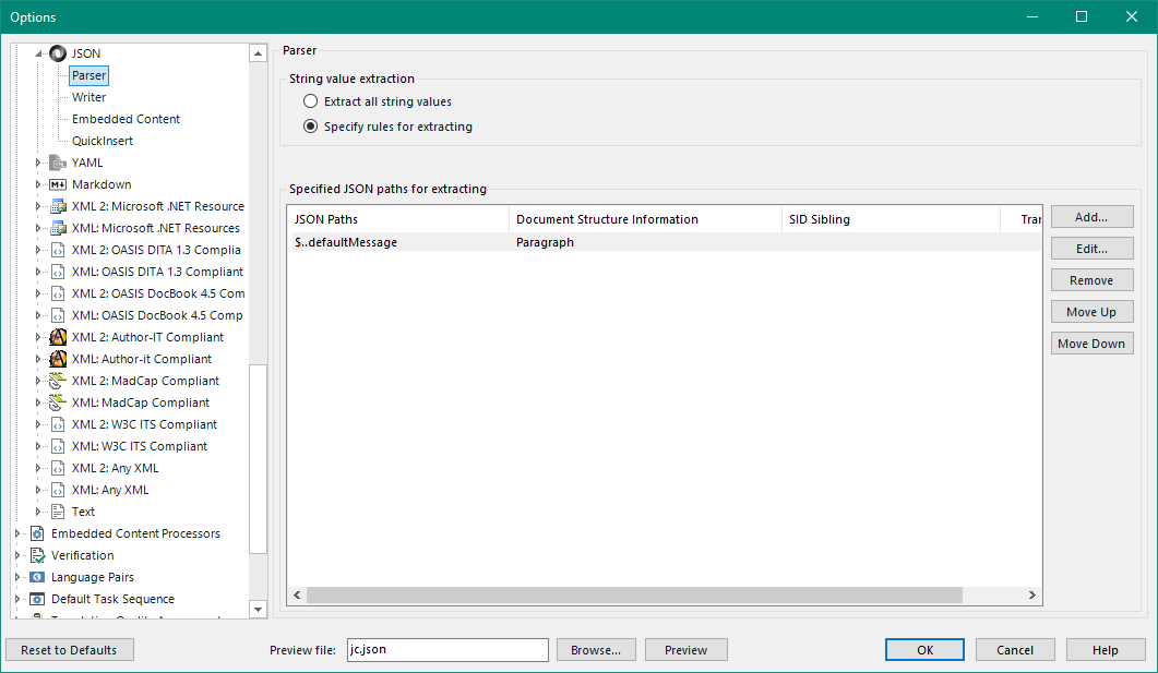 Trados Studio options window showing JSON Parser settings with 'Specify rules for extracting' selected and a specified JSON path for extracting '$..defaultMessage'.