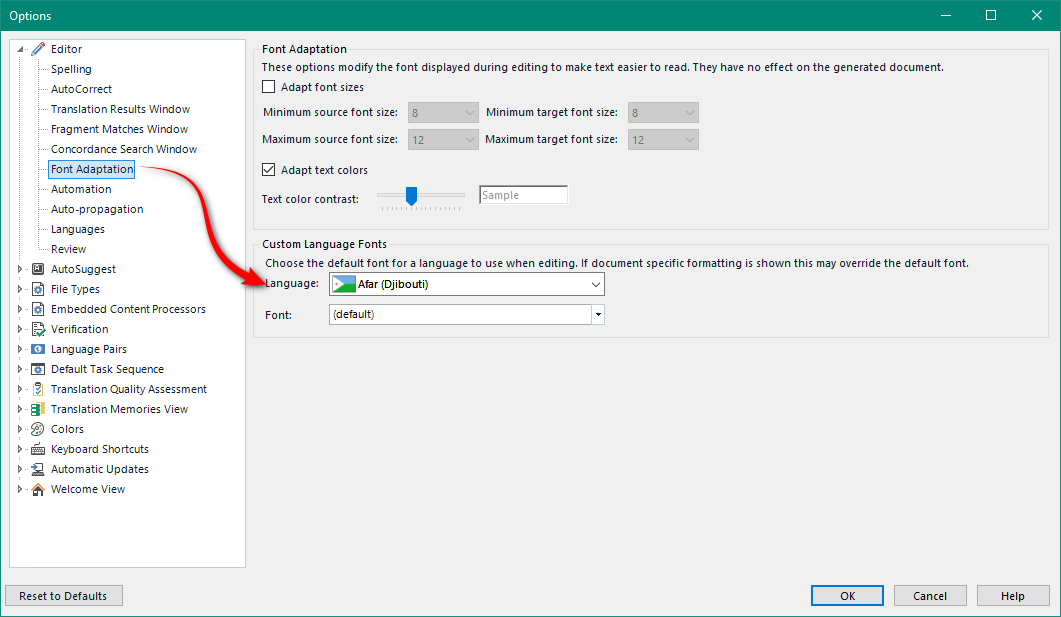 Trados Studio options window showing Font Adaptation settings with minimum and maximum font sizes, adapt text colors option, and custom language fonts selection for Afar (Djibouti).